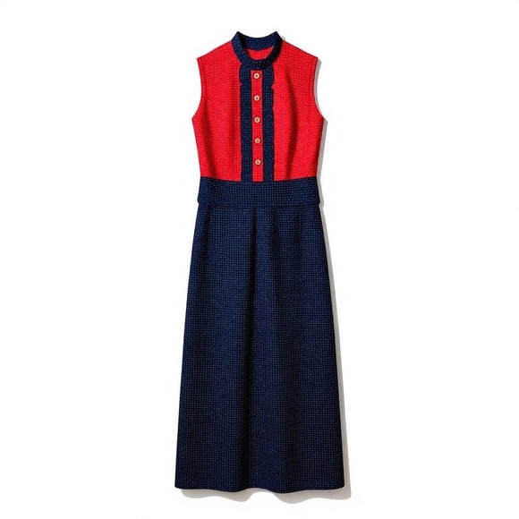 Bayberry Dresses & Skirts - Vintage 70s Bayberry Prairie‎ Maxi Dress Pin Dot Polka Ruffle Americana Red Blue